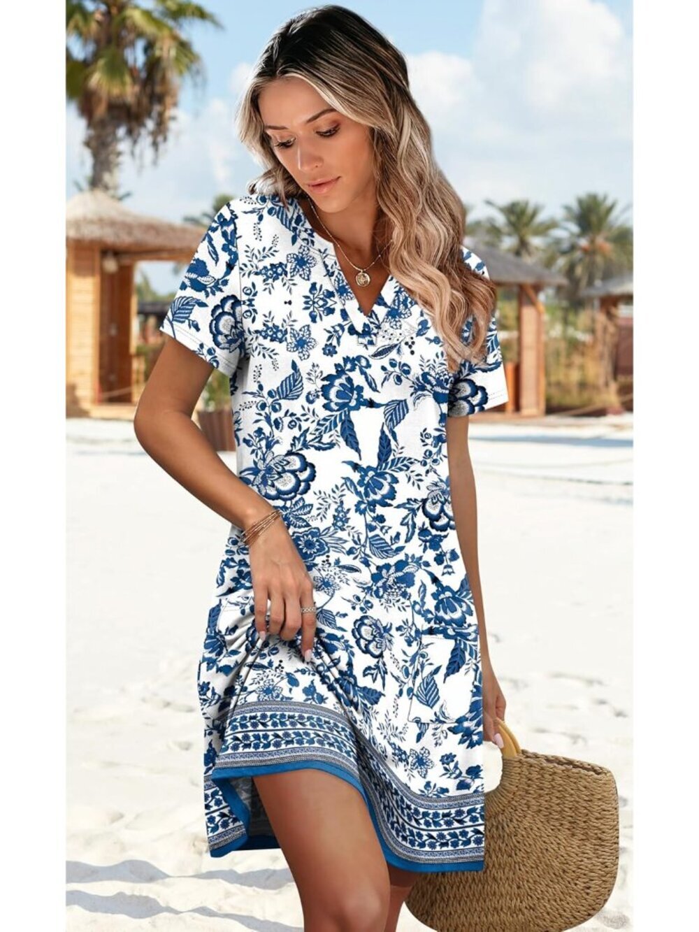 Women V Neck Summer Casual Dress Hawaiian Midi Wedding Guest Beach Vacation - Picture 4 of 5